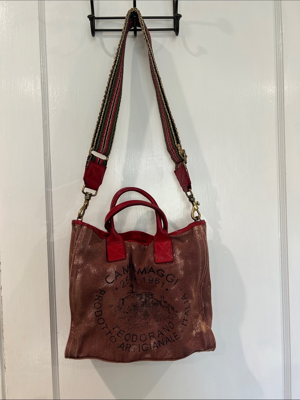 Campomaggi Red and Brown Leather Tote with Striped Shoulder Strap